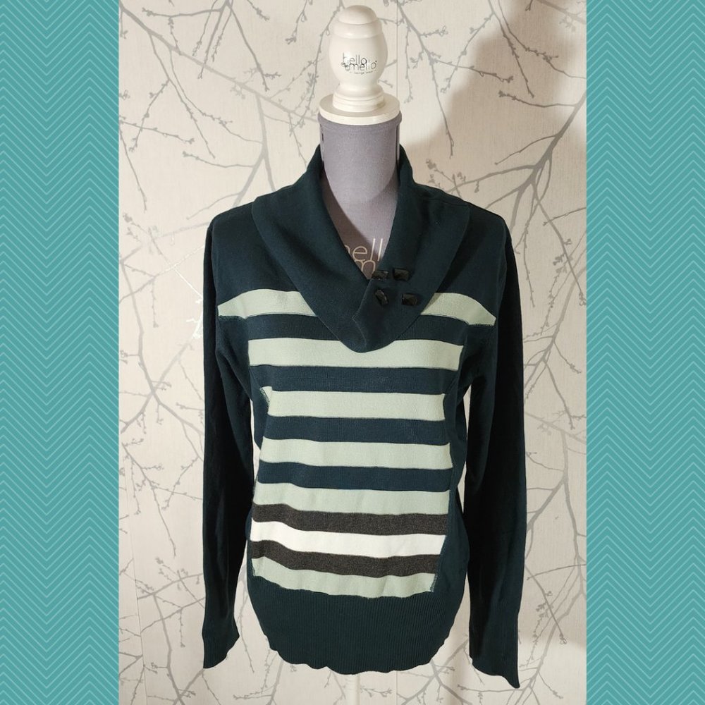 Crisca Forest Green Striped Knit Cowl Neck Sweater